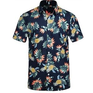 HISDERN Navy Blue Floral Hawaiian Pineapple Short Sleeve Button Up Shirt Size L